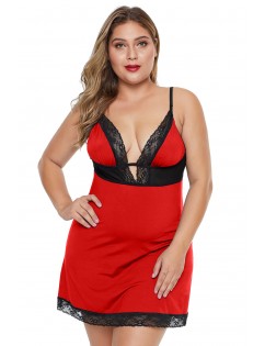 Red Plus Size Lace Neckline Lingerie Dress with Thong