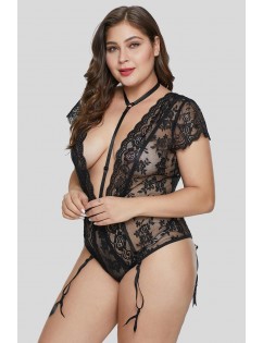 Black Plus Size Short Sleeve Floral Lace Teddy with Garter