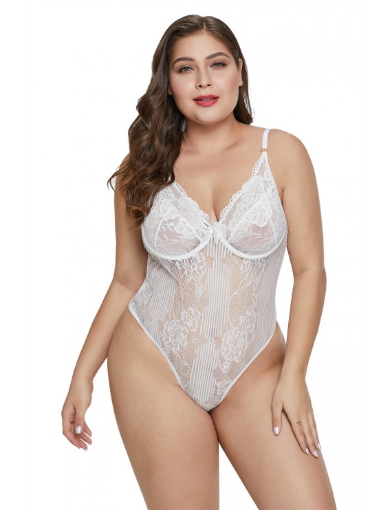 White Sweet Floral Plus Size Teddy Lingerie